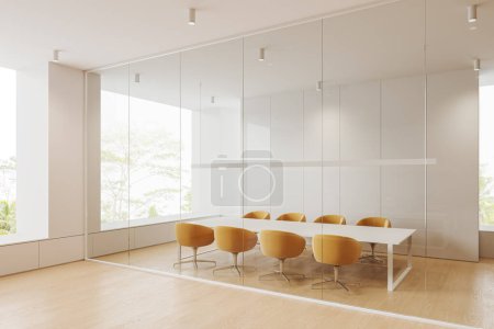 Photo for Cozy white and wooden conference room interior with yellow armchairs and board, glass wall partition and hardwood floor. Meeting corner with panoramic window on tropics. 3D rendering - Royalty Free Image