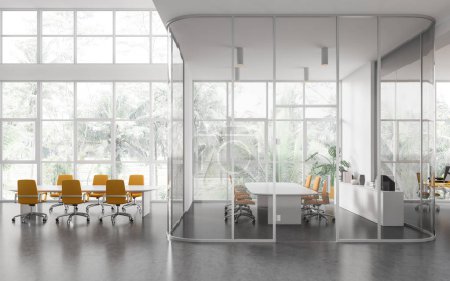 Photo for Cozy meeting interior with chairs and board, workspace and glass partition on grey concrete floor. Conference loft with panoramic window on tropics. 3D rendering - Royalty Free Image