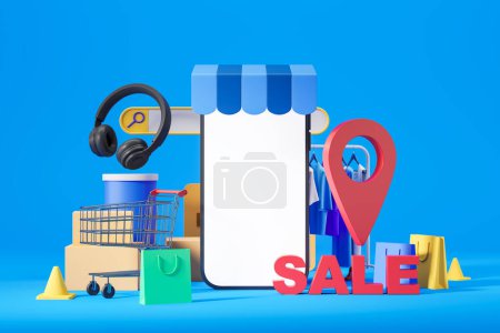 Photo for Blank mock up large phone screen, online internet shopping. Search bar, clothes on rail, electronics and delivery. Concept of sale and offer. 3D rendering illustration - Royalty Free Image