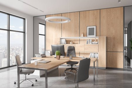 Photo for Cozy ceo interior with pc computer on work desk and armchairs, side view grey tile concrete floor. Consulting workspace with decoration and panoramic window on New York. 3D rendering - Royalty Free Image