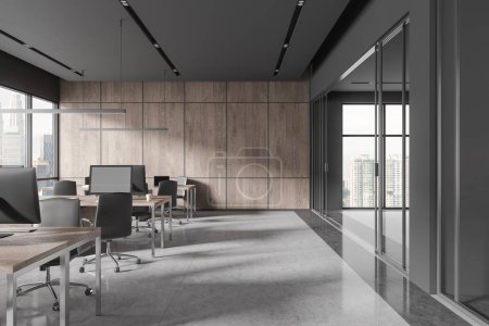 Photo for Dark business interior with office coworking zone, glass doors and company hallway with panoramic window on New York skyscrapers. Minimalist workspace with pc computers and desk in row. 3D rendering - Royalty Free Image