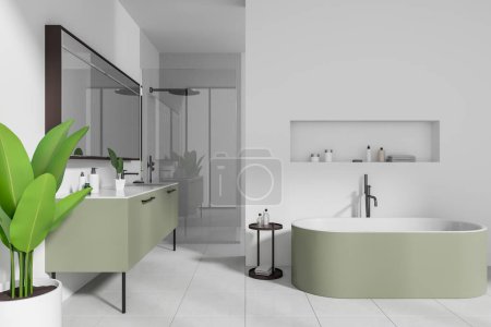 Téléchargez les photos : Hôtel de luxe salle de bain intérieure avec baignoire, cloison et double lavabo avec vanité verte, douche en verre. Espace de bain avec accessoires et plantes, design minimaliste confortable. rendu 3D - en image libre de droit
