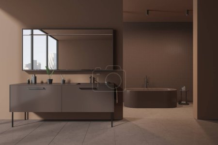 Téléchargez les photos : Intérieur de salle de bain moderne marron avec double lavabo et vanité, baignoire derrière la cloison avec table et accessoires. Vitre panoramique en miroir réfléchissant. rendu 3D - en image libre de droit