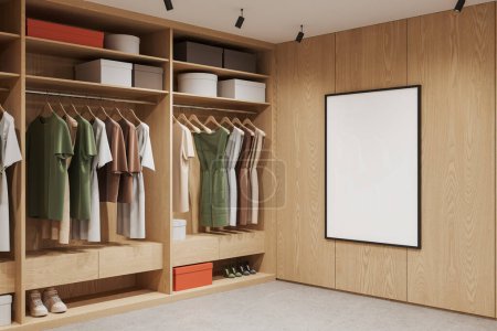 Photo for Minimalist home wardrobe interior clothes on hangers, side view boxes and shoes on shelf. Stylish closet in modern apartment. Mock up canvas poster. 3D rendering - Royalty Free Image