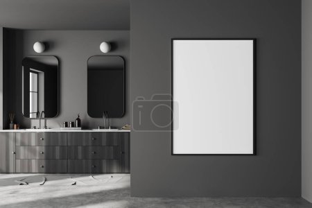 Photo for Dark bathroom interior with double sink and black wooden dresser with accessories, grey concrete floor. Mockup canvas poster. 3D rendering - Royalty Free Image
