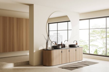 Photo for Beige bathroom interior with double sink and dresser with accessories, side view, light concrete floor. Panoramic window on tropics. 3D rendering - Royalty Free Image