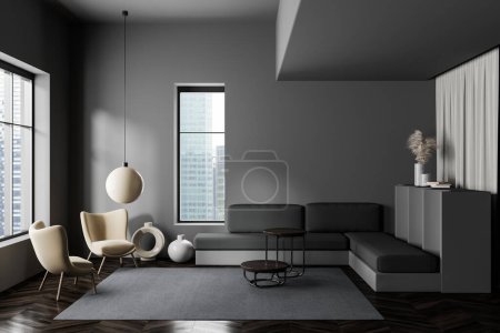 Photo for Front view on dark living room interior with armchairs, sofa, window with skyscrapers view, shelves with books, grey wall, coffee table, oak wooden floor. Concept of minimalist design. 3d rendering - Royalty Free Image