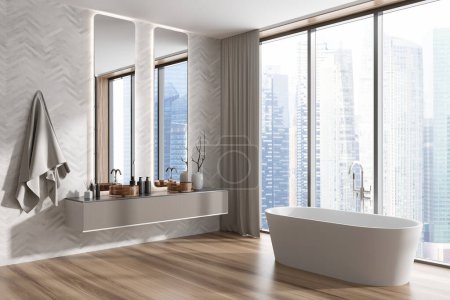 Photo for Light bathroom interior with double sink and mirror, side view, bathtub on hardwood floor. Panoramic window on Singapore city view. 3D rendering - Royalty Free Image