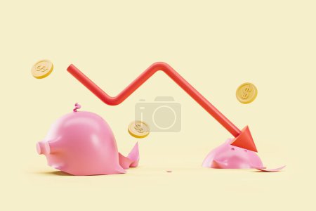 Photo for Descending red graph line and broken piggy bank, falling dollar coins on yellow background. Concept of inflation and crisis. 3D rendering - Royalty Free Image