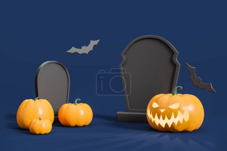 Photo for Jack lantern and mockup copy space black tomb, candles at graveyard. Black bats flying on dark blue background. Concept of halloween. 3D rendering - Royalty Free Image