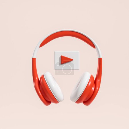 Foto de Auriculares rojos grandes con botón de reproducción sobre fondo beige. Concepto de lista de reproducción y música en línea. Renderizado 3D - Imagen libre de derechos