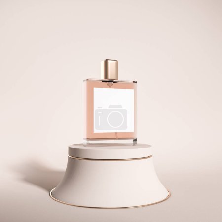 Photo for Perfume flacon on podium stand on beige background. Concept of cosmetics. Mockup for product display. 3D rendering - Royalty Free Image