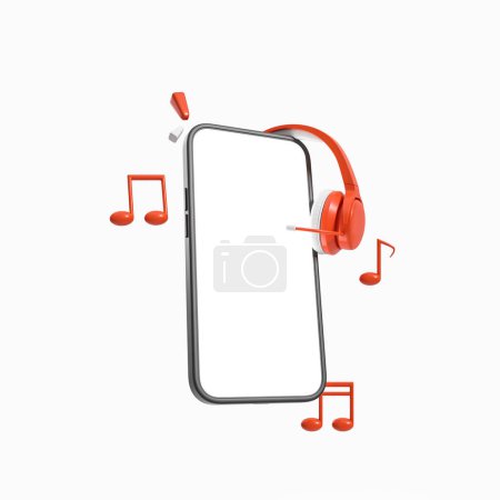 Téléchargez les photos : Smartphone maquette écran vide et écouteurs rouges, notes de musique sur fond blanc. Concept de musique en ligne et application mobile. rendu 3D - en image libre de droit