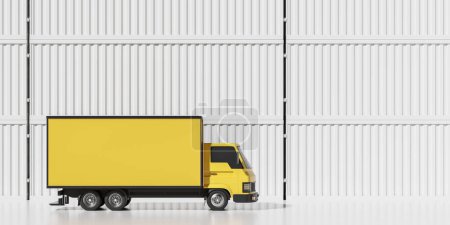 Foto de Camioneta de reparto amarilla y pila de contenedores de carga blanca. Concepto de transporte y logística internacional. Espacio de copia burlona. Renderizado 3D - Imagen libre de derechos
