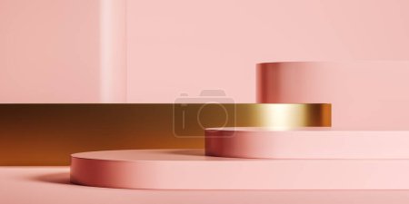 Photo for Pink podium with geometric shapes, different stages and golden element. Mockup for product display and presentation. 3D rendering - Royalty Free Image