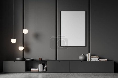 Photo for Dark living room interior with dresser and stylish decoration with books, grey concrete floor. Mock up canvas poster. 3D rendering - Royalty Free Image