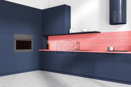 Corner view on bright kitchen room interior with blue cupboard, white and pink tile wall, concrete floor, sink, oven, gas cooker. Concept of minimalist design. 3d rendering