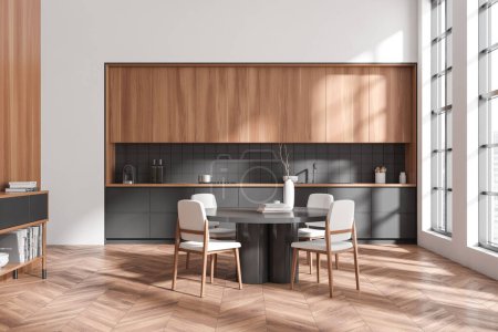 Photo for Luxury kitchen interior with dining table and chairs, sideboard with decor on hardwood floor. Eating area with panoramic window on skyscrapers. 3D rendering - Royalty Free Image