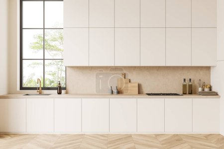 Foto de Interior de la cocina beige con tocador y utensilios de cocina, suelo de madera. Fregadero, estufa y electrodomésticos. Ventana panorámica de los trópicos. Renderizado 3D - Imagen libre de derechos