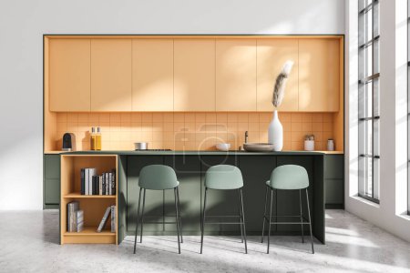 Téléchargez les photos : Cuisine moderne intérieure avec chaises de bar et îlot, sol en béton gris clair. Ustensiles de cuisine avec décoration. Coin cuisine avec fenêtre panoramique sur la ville. rendu 3D - en image libre de droit