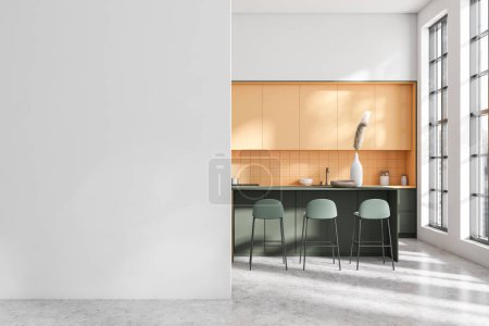 Photo for Modern kitchen interior with bar chairs and island, grey concrete floor. Cooking area with kitchenware and panoramic window on city view. Mockup empty wall. 3D rendering - Royalty Free Image