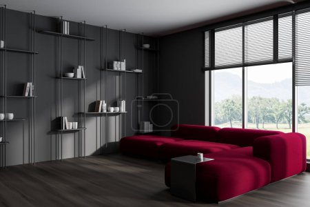 Photo for Dark soft place interior with sofa and shelf rack with books on hardwood floor, side view. Panoramic window on countryside. 3D rendering - Royalty Free Image