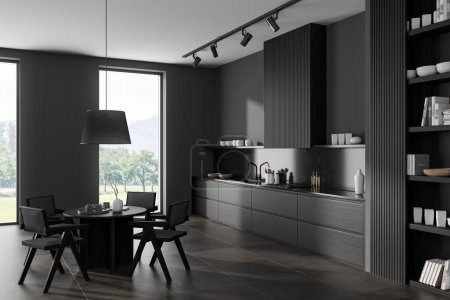 Photo for Dark kitchen interior with dining table and chairs, side view, shelf with books and decor. Eating and cooking area with kitchenware. Panoramic window on countryside. 3D rendering - Royalty Free Image