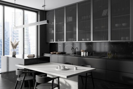 Photo for Dark kitchen interior with bar island, side view, dining table and chairs. Eating and cooking corner with kitchenware and decor. Panoramic window on skyscrapers. 3D rendering - Royalty Free Image