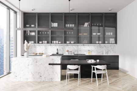 Photo for White kitchen interior with bar island, table and chairs on hardwood floor. Kitchenware and stylish decoration and dishes. Panoramic window on city view. 3D rendering - Royalty Free Image