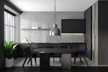 Photo for Dark kitchen interior with dining table and chairs, eating and cooking zone with kitchenware. Panoramic window on skyscrapers. 3D rendering - Royalty Free Image