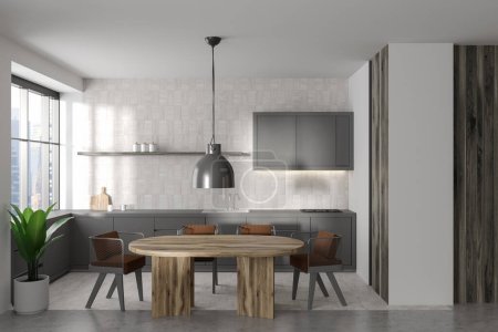 Photo for Grey kitchen interior with dining table and chairs, cooking area with kitchenware. Panoramic window on Singapore city view. 3D rendering - Royalty Free Image