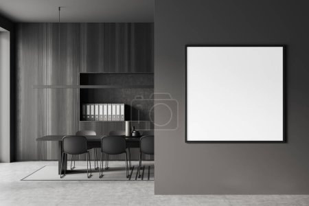 Photo for Dark meeting room interior with chairs and table on carpet, grey concrete floor. Office minimalist conference room, shelf with documents. Mockup canvas poster. 3D rendering - Royalty Free Image