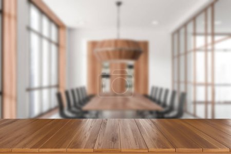Photo for Conference room interior, wooden table on background of blurred office room. Board and armchairs, shelf and panoramic window. Mockup for product display. 3D rendering - Royalty Free Image