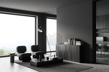 Photo for Dark office room interior with chill zone, side view, meeting area behind glass doors with board and cabinet. Panoramic window on countryside. Mockup copy space wall. 3D rendering - Royalty Free Image