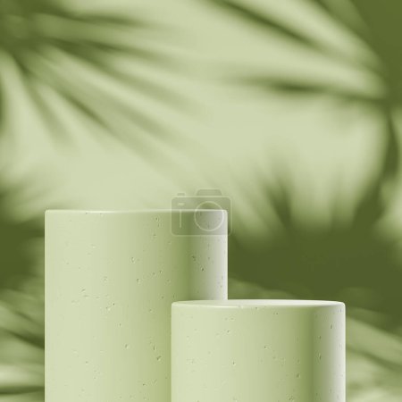 Téléchargez les photos : Deux colonnes en béton piédestal avec abstraite paumes ombre, fond d'espace de copie vert. Maquette pour l'affichage et la promotion des produits. rendu 3D - en image libre de droit