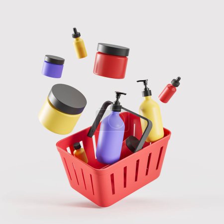 Photo for Shopping basket and set of different colorful cosmetic bottles falling. Concept of beauty care purchases. 3D rendering - Royalty Free Image