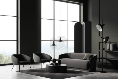 Photo for Dark meeting corner interior with sofa and two armchairs, side view. Soft place with divider and shelf with minimal decoration. Panoramic window on countryside. 3D rendering - Royalty Free Image