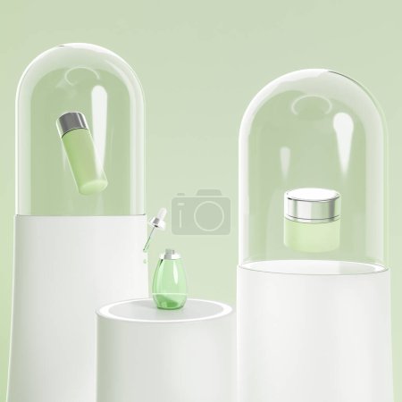 Téléchargez les photos : Flacon avec pipette et bouteilles flottant à l'intérieur dôme de verre, fond vert. Concept de soin de la peau. Maquette pour l'affichage du produit. rendu 3D - en image libre de droit