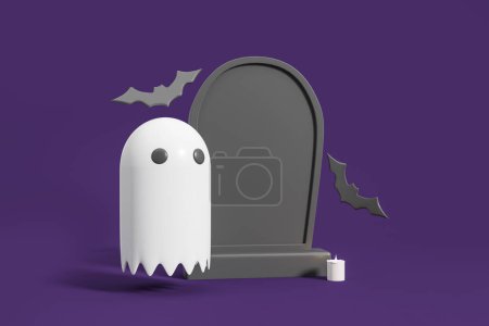 Photo for Cartoon ghost standing near mockup copy space empty tomb, candle at graveyard. Black bats flying on dark violet background. Concept of halloween. 3D rendering - Royalty Free Image
