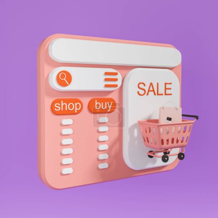Photo for Online shopping web page, interface with cart and products. Shop and buy buttons with search box. Concept of e-commerce. 3D rendering - Royalty Free Image