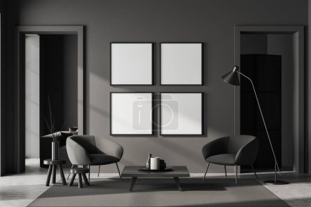 Photo for Dark living room interior two armchairs and coffee table with minimal decoration on carpet, grey concrete floor. Four mock up canvas posters. 3D rendering - Royalty Free Image