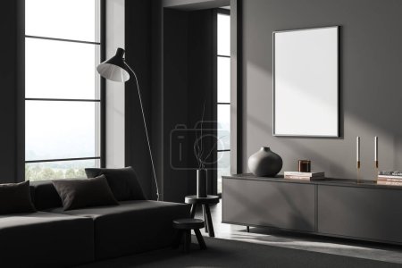 Photo for Dark relax room interior with sofa and dresser with decor, side view, carpet on grey concrete floor. Panoramic window on countryside. Mock up canvas poster, 3D rendering - Royalty Free Image
