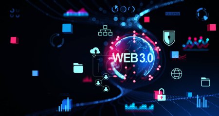 View of immersive web 3.0 interface with planet hologram and internet icons over dark blue background. Concept of new generation of internet and metaverse, cutting edge technology. 3d rendering
