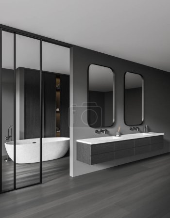 Téléchargez les photos : Élégant intérieur de salle de bain à domicile avec double lavabo et vanité avec miroir, vue latérale baignoire en béton avec étagère derrière des portes vitrées. Coin de baignade confortable dans un appartement moderne. rendu 3D - en image libre de droit