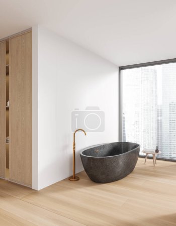 Foto de Interior del cuarto de baño blanco y de madera con bañera y taburete con accesorios, ventana panorámica en rascacielos. Rincón de baño y simulacro de espacio de copia pared vacía. Renderizado 3D - Imagen libre de derechos
