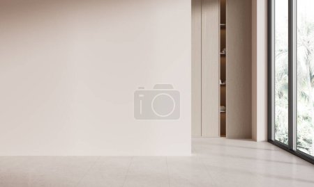 Téléchargez les photos : Intérieur de salle de bain moderne vide avec sol carrelé, étagères avec serviettes roulées et produits cosmétiques, mur d'espace de copie beige et grande fenêtre avec vue tropicale. Rendu 3d - en image libre de droit