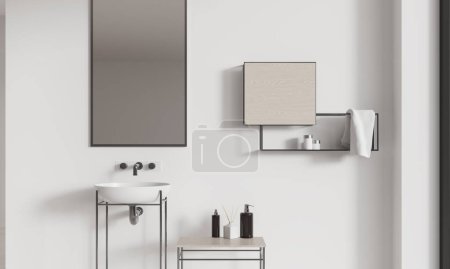 Photo for White modern home bathroom interior with sink and long mirror, metal washbasin stand and hotel bathing accessories, towel, cream bottle and reed diffuser. 3D rendering - Royalty Free Image