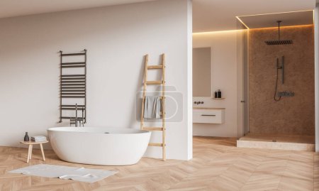 Téléchargez les photos : Confortable intérieur de la maison salle de bain avec baignoire, cloison et lavabo avec vanité, douche en verre dans le coin sur le plancher de bois franc. Espace de bain avec accessoires et design moderne. rendu 3D - en image libre de droit