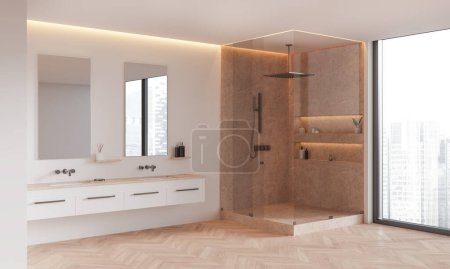 Foto de Esquina de baño moderno con paredes beige, suelo de madera, cómoda cabina de ducha con paredes de cristal, doble lavabo con dos espejos verticales y gran ventana con paisaje urbano. renderizado 3d - Imagen libre de derechos
