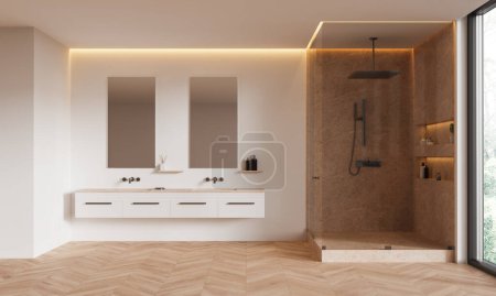 Téléchargez les photos : Beige salle de bains de l'hôtel intérieur avec double lavabo et douche en verre sur plancher de bois franc, espace de bain confortable avec accessoires. Fenêtre panoramique sur les tropiques. rendu 3D - en image libre de droit